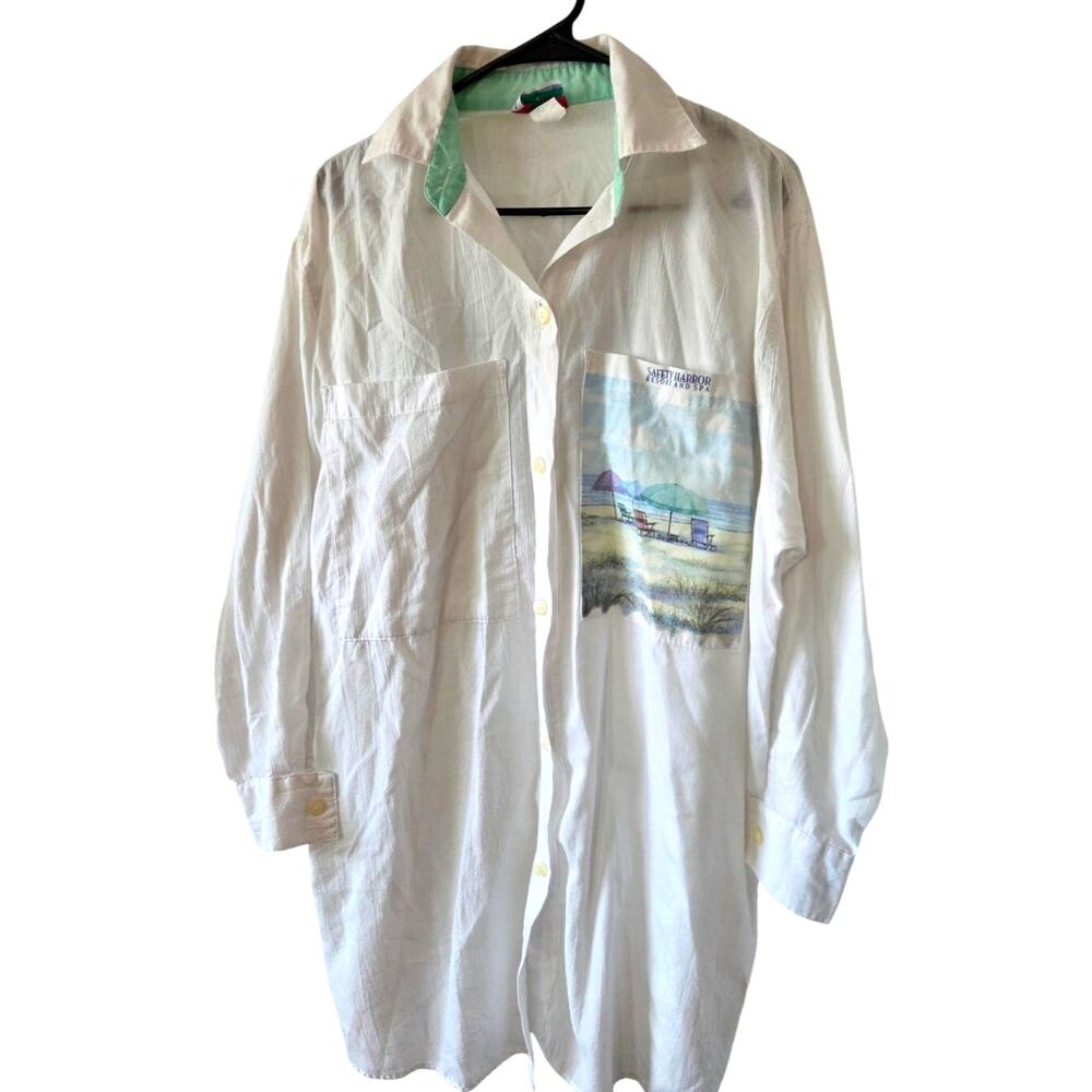 Vtg Safety Harbor Resort Button Up Tee Tiger Lily Bathing Suit Cover Beach Scene